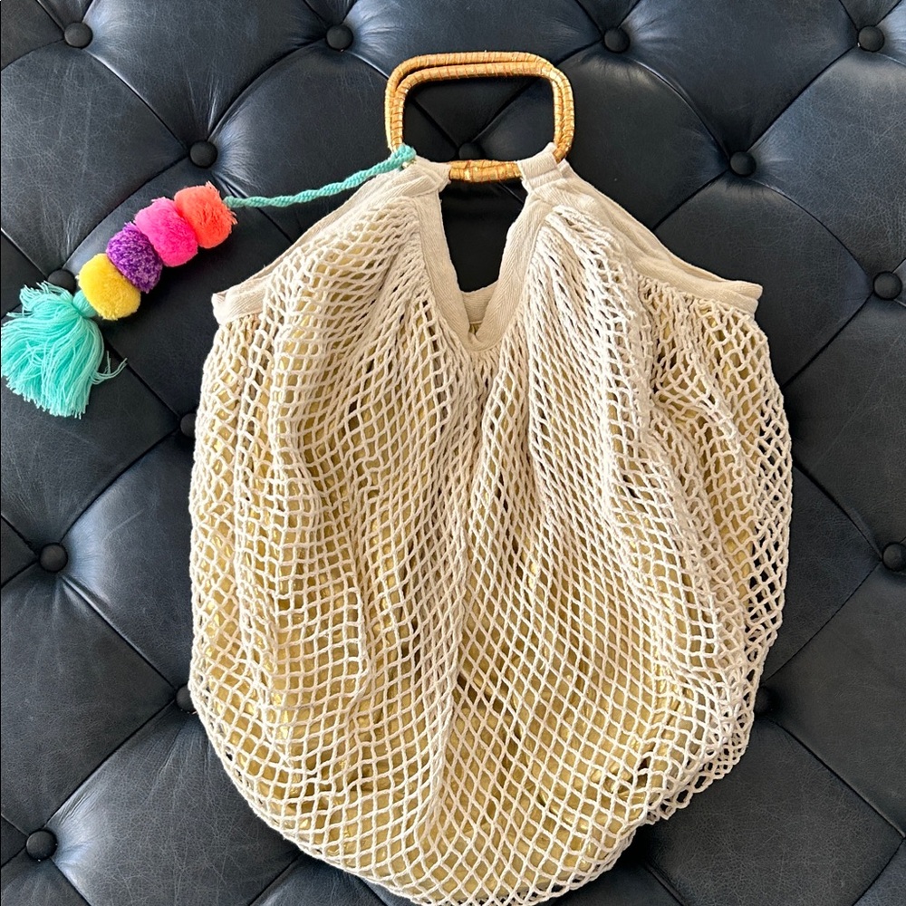 America & Beyond Beige & Gold Mesh Tote Bag with Colorful Pom Poms-resort
